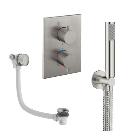UK Bathroom Store Concealed Shower Set Brushed Nickel Crosswater Crossbox Shower Set 5 - 2 Outlet with Pencil Handset and Overflow Bath Filler Waste