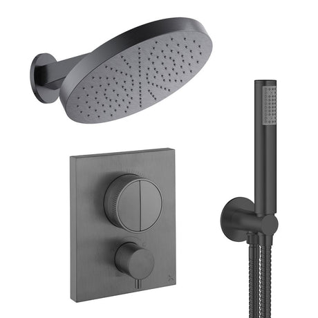 UK Bathroom Store Concealed Shower Set Slate Crosswater Crossbox Push Shower Set 6 - 2 Outlet with Revive Steel Overhead Shower and Pencil Handset