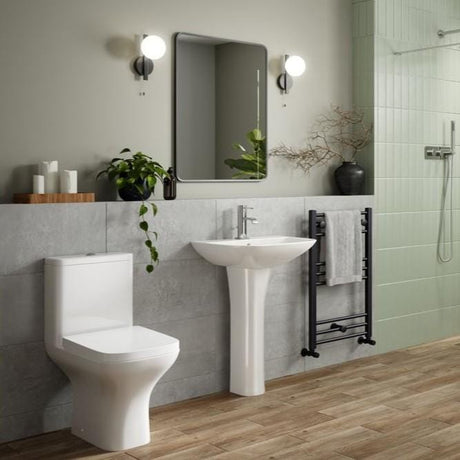Aquarius Bathrooms Close Coupled Toilet Aquarius Sequoia Close Coupled Short Projection Open Back Rimless Toilet with Wrapover Soft Close Seat