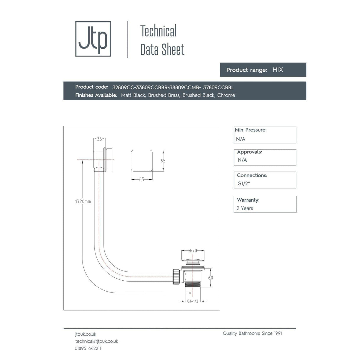 JTP Bath Waste JTP HIX Extended Click Clack Bath Waste