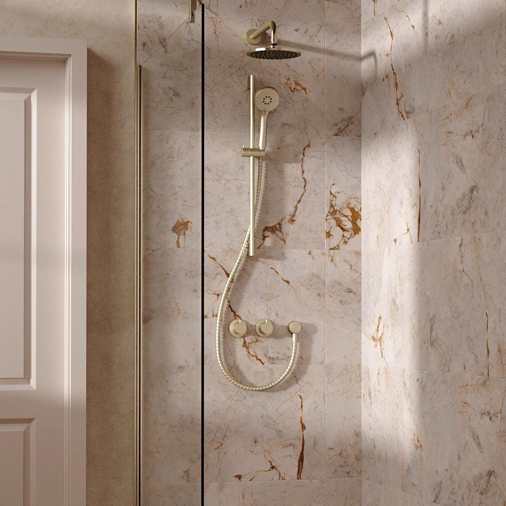 UK Bathroom Store Concealed Shower Set Brushed Brass / Wall Arm / 200mm Crosswater Module Shower Set 2 with Riser Rail Kit and Overhead Shower