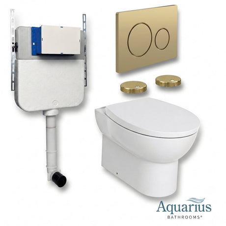 Aquarius Bathrooms Back To Wall Toilet Brushed Brass / Round Aquarius Urbano Rimless Back to Wall Toilet Pack with Cistern, Flush Plate, Soft Closing Seat and Hinge Covers