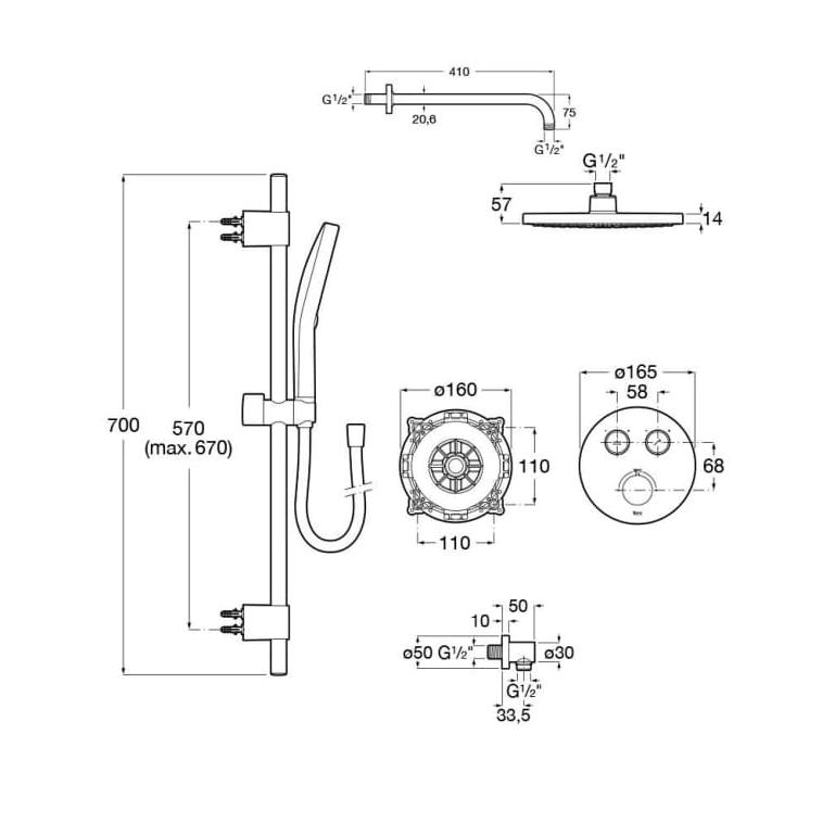 Roca Concealed Shower Set Roca T-3000 Round Switch Thermostatic Concealed Shower Valve with Rainshower Head, Shower Handset and Slide Rail Set