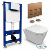 Aquarius Bathrooms Wall Hung Toilet Brushed Bronze / Square Aquarius Urbano Rimless Wall Hung Toilet Pack with Frame, Flush Plate, Soft Closing Seat and Hinge Covers