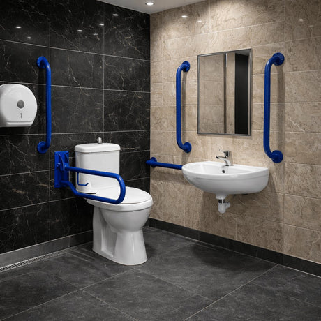 Aquarius Bathrooms Doc M Pack Blue Rails Aquarius Doc M Pack including Comfort Height Close Coupled Toilet, Basin and Grab Rails