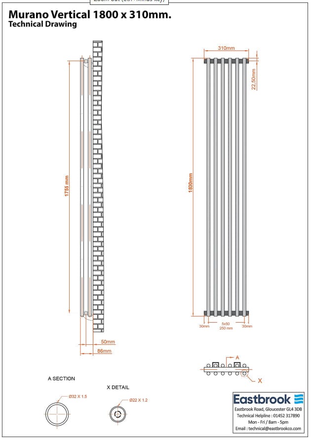 Eastbrook Column Radiator Eastbrook Murano Vertical Designer Radiator in Gloss White