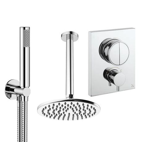 UK Bathroom Store Concealed Shower Set Chrome / Ceiling Arm / 200mm Crosswater Crossbox Push Shower Set 1 - 2 Outlet with Fixed Overhead Shower and Pencil Handset