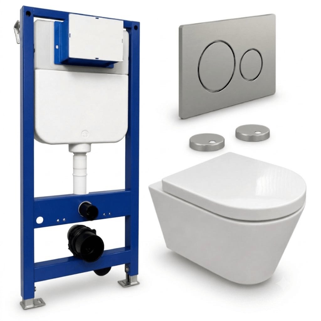 Aquarius Bathrooms Wall Hung Toilet Chrome / Round Aquarius Urbano Rimless Wall Hung Toilet Pack with Frame, Flush Plate, Soft Closing Seat and Hinge Covers