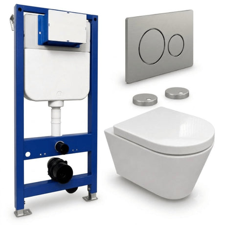 Aquarius Bathrooms Wall Hung Toilet Chrome / Round Aquarius Urbano Rimless Wall Hung Toilet Pack with Frame, Flush Plate, Soft Closing Seat and Hinge Covers