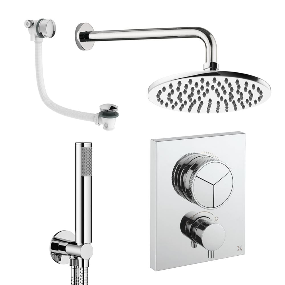 UK Bathroom Store Concealed Shower Set Chrome / Wall Arm / 200mm Crosswater Crossbox Push Shower Set 7 - 3 Outlet with Fixed Overhead Shower, Pencil Handset and Overflow Bath Filler Waste
