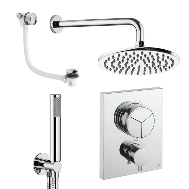 UK Bathroom Store Concealed Shower Set Chrome / Wall Arm / 200mm Crosswater Crossbox Push Shower Set 7 - 3 Outlet with Fixed Overhead Shower, Pencil Handset and Overflow Bath Filler Waste
