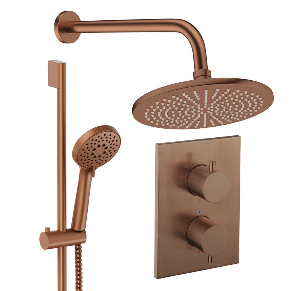 UK Bathroom Store Concealed Shower Set Brushed Bronze / Wall Arm / 300mm Crosswater Crossbox Shower Set 4 - 2 Outlet with Riser Rail Kit and Fixed Overhead Showerhead
