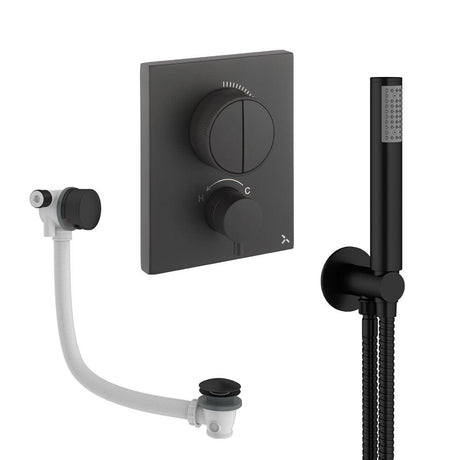 UK Bathroom Store Concealed Shower Set Matt Black Crosswater Crossbox Push Shower Set 3 - 2 Outlet with Pencil Handset and Overflow Bath Filler Waste