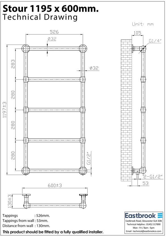 Eastbrook Traditional Towel Rail Eastbrook Stour Vertical Traditional Heated Towel Rail in Brushed Brass