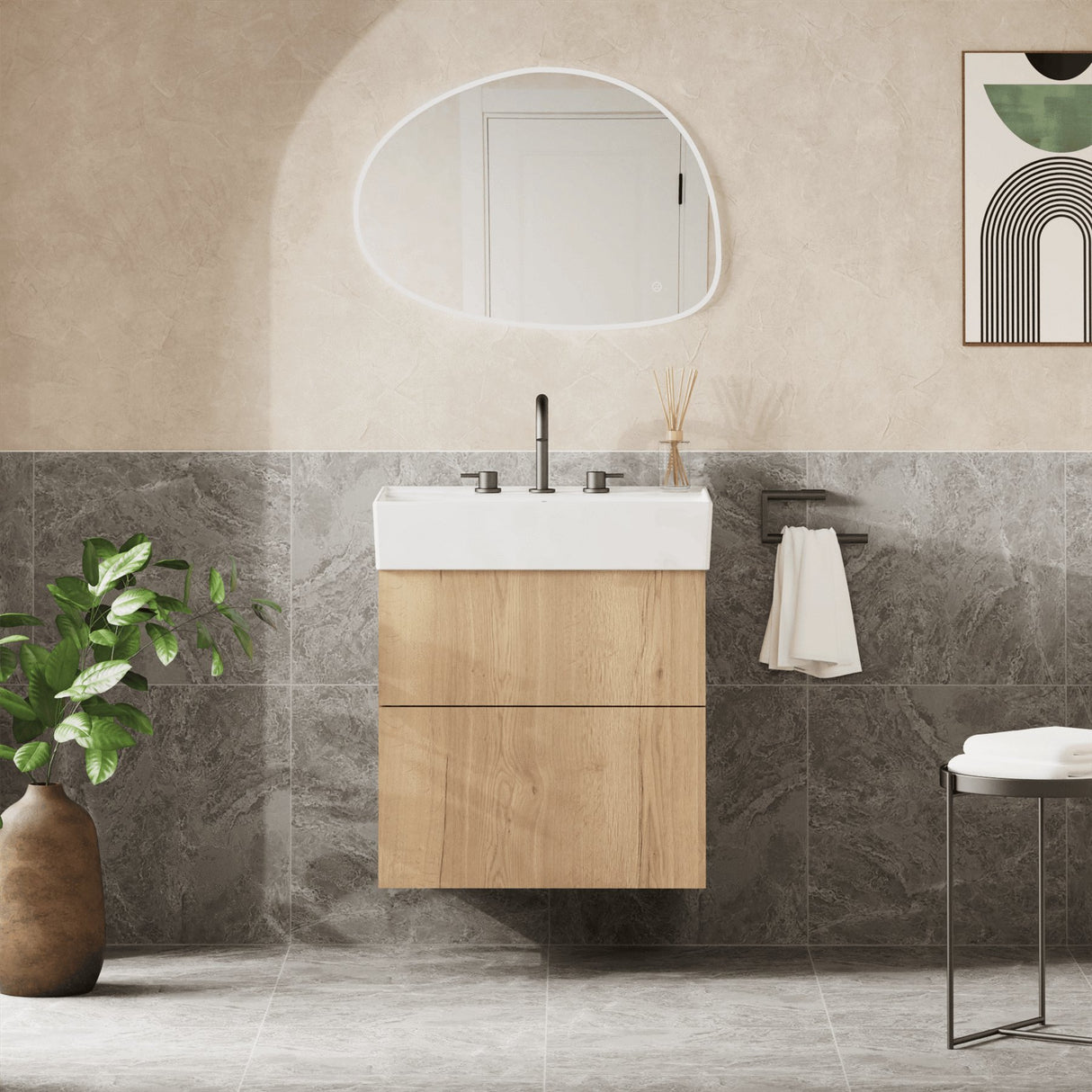 Crosswater Wall Mounted Vanity Unit Windsor Oak / 3 Hole Crosswater Avenue Vanity Unit with Basin - 600mm - Two Drawer - Wall Mounted