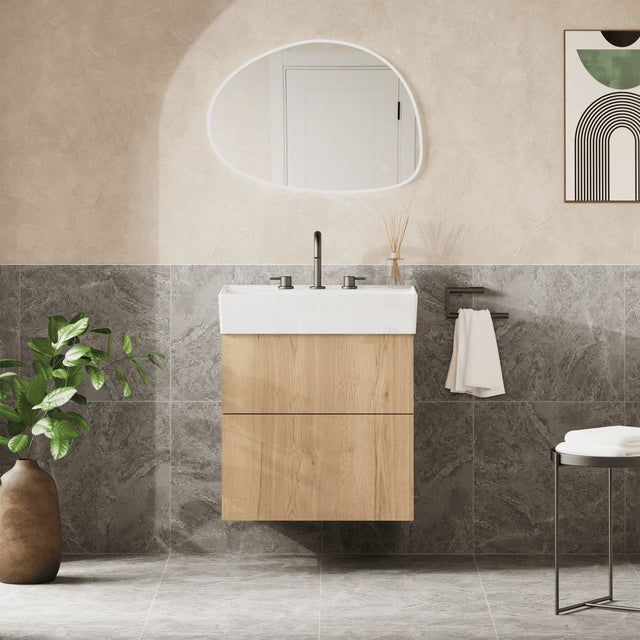Crosswater Wall Mounted Vanity Unit Windsor Oak / 3 Hole Crosswater Avenue Vanity Unit with Basin - 600mm - Two Drawer - Wall Mounted
