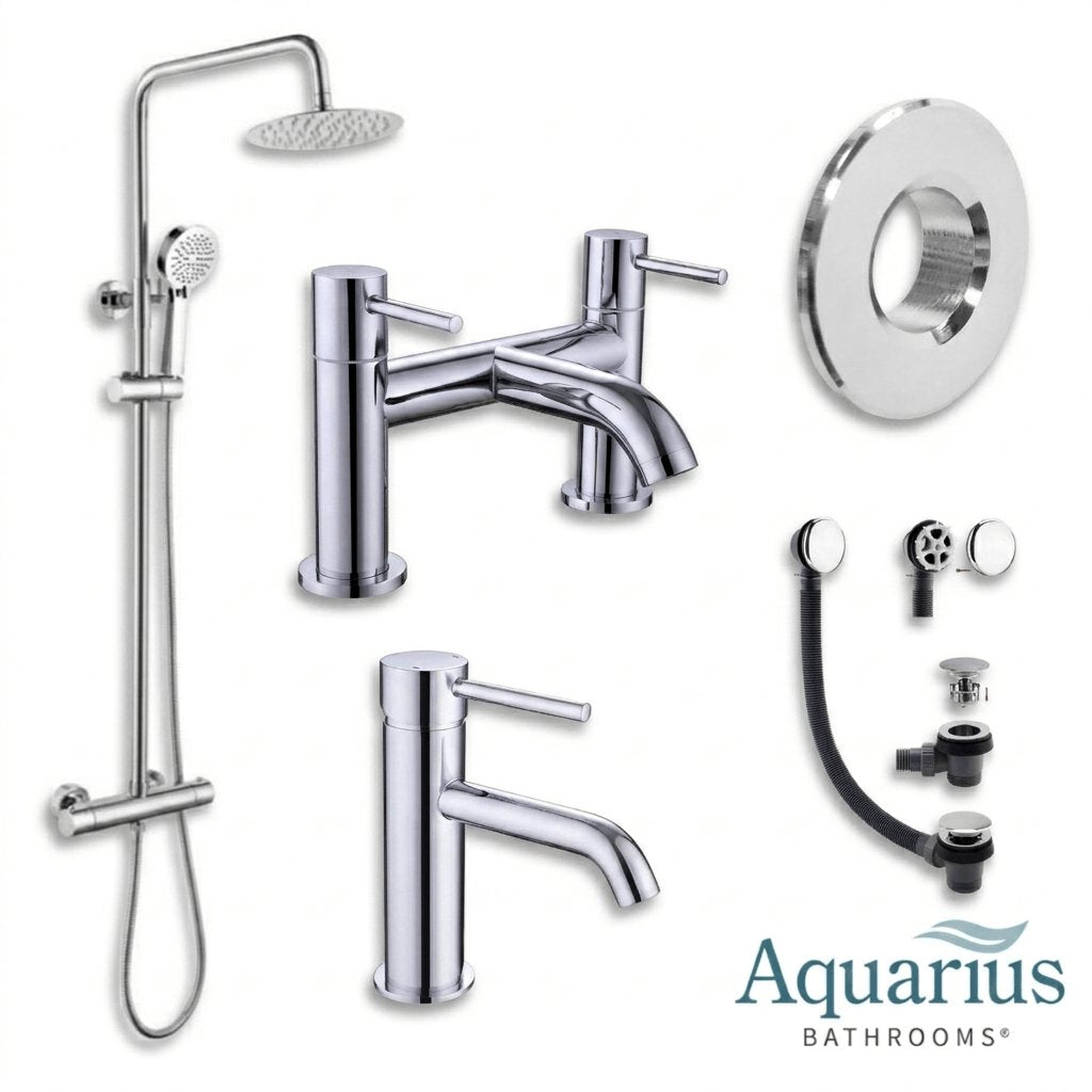 Aquarius Bathrooms Exposed Shower Set Chrome Aquarius RF-Series Complete Shower Brassware Pack with Basin Mixer, Bath Mixer & Exposed Shower