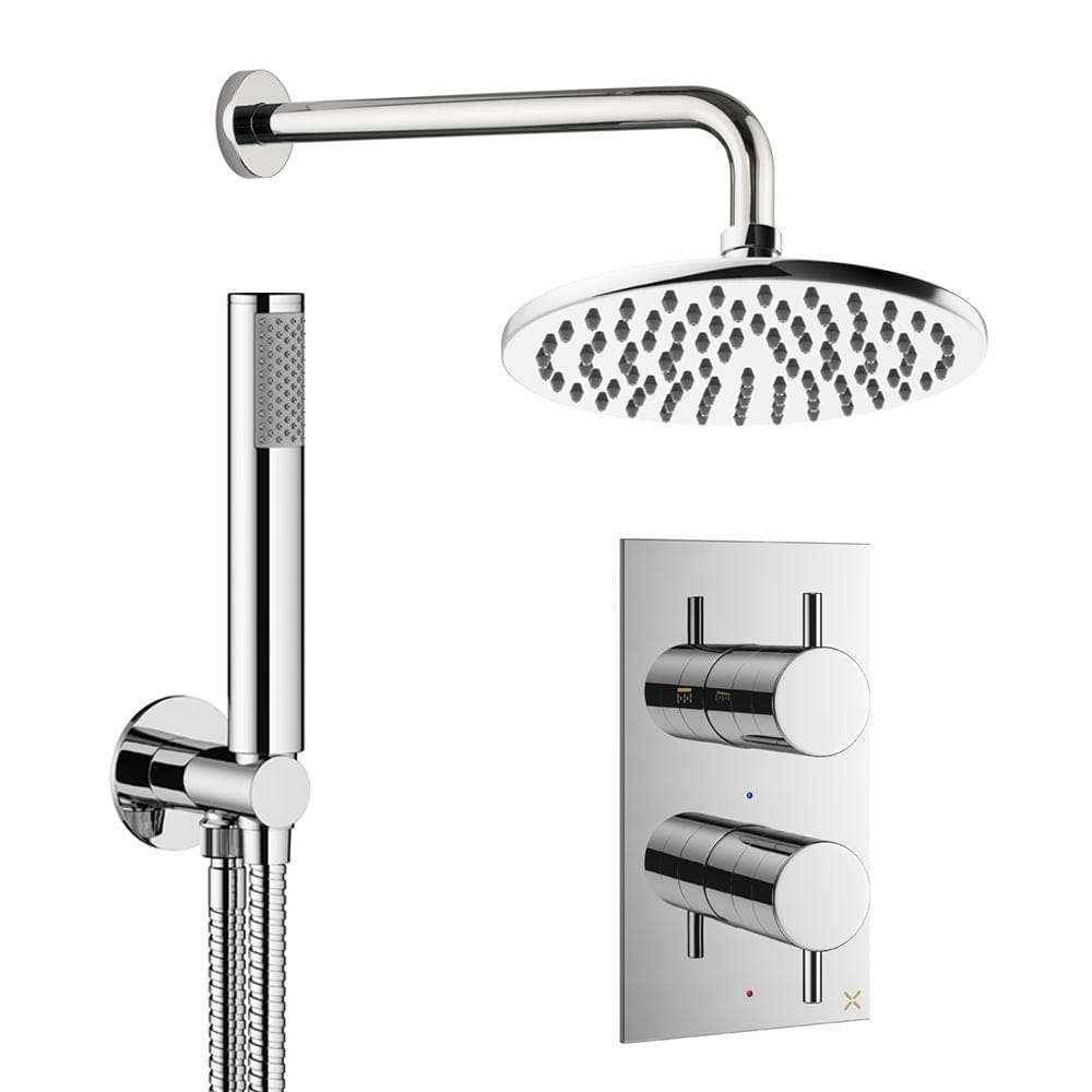 Crosswater Concealed Shower Set Chrome / Wall Arm / 200mm Crosswater Design 2 Handle 2 Outlet Thermostatic Shower Set with Rainfall Head and Pencil Handset