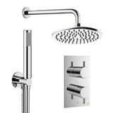 Crosswater Concealed Shower Set Chrome / Wall Arm / 200mm Crosswater Design 2 Handle 2 Outlet Thermostatic Shower Set with Rainfall Head and Pencil Handset