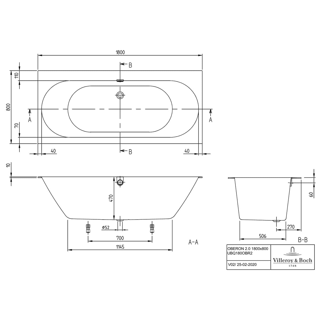 Villeroy & Boch Double Ended Bath Villeroy & Boch Oberon 2.0 Quaryl Double Ended Bath