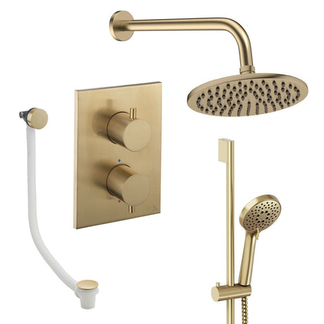 UK Bathroom Store Concealed Shower Set Brushed Brass / Wall Arm / 200mm Crosswater Crossbox Shower Set 10 - 3 Outlet with Fixed Overhead Shower, Slide Rail Kit and Overflow Bath Filler Waste