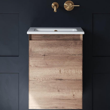 Saneux Cloakroom Vanity Unit English Oak / 0 Hole Saneux Uni 400mm Wall Mounted One Door Vanity Unit with Basin