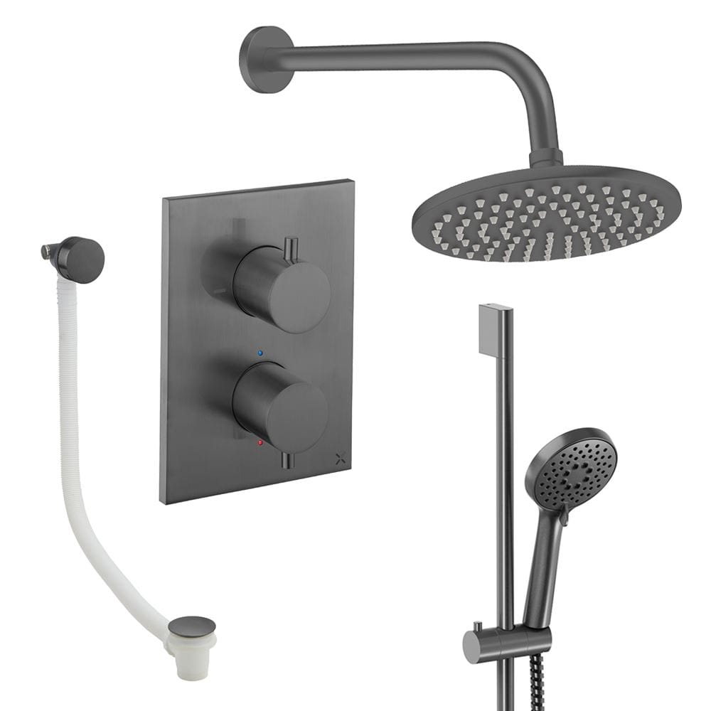 UK Bathroom Store Concealed Shower Set Slate / Wall Arm / 200mm Crosswater Crossbox Shower Set 10 - 3 Outlet with Fixed Overhead Shower, Slide Rail Kit and Overflow Bath Filler Waste
