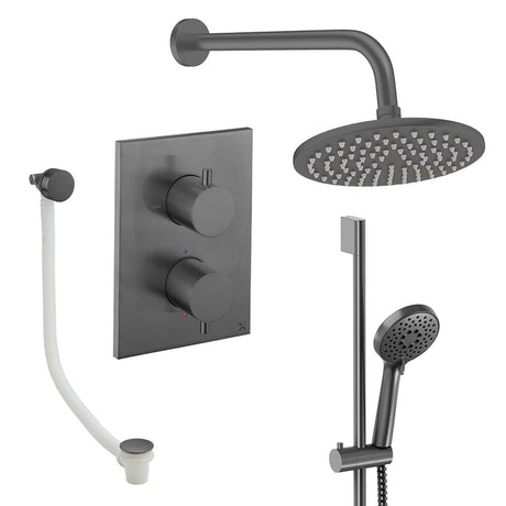 UK Bathroom Store Concealed Shower Set Slate / Wall Arm / 200mm Crosswater Crossbox Shower Set 10 - 3 Outlet with Fixed Overhead Shower, Slide Rail Kit and Overflow Bath Filler Waste