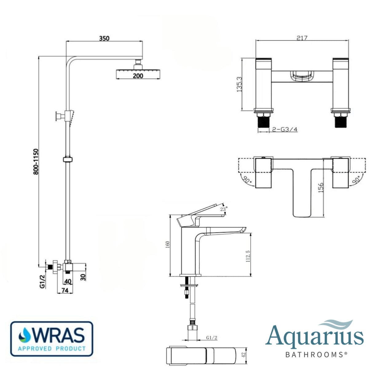 Aquarius Bathrooms Exposed Shower Set Aquarius Hydro Complete Shower Brassware Pack with Basin Mixer, Bath Mixer & Round Exposed Shower