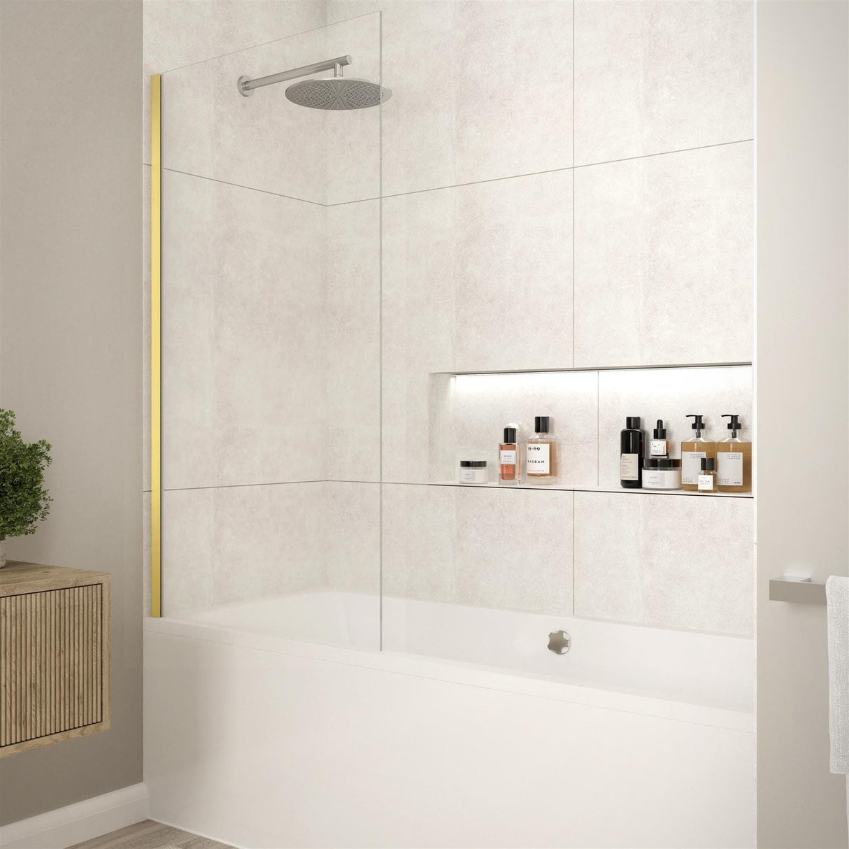 Merlyn Bath Screen Brushed Brass Merlyn 8mm Fixed Single Square Bath Screen