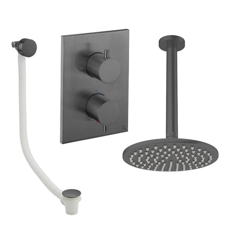 UK Bathroom Store Concealed Shower Set Slate / Ceiling Arm / 200mm Crosswater Crossbox Shower Set 7 - 2 Outlet with Fixed Overhead Shower and Overflow Bath Filler Waste