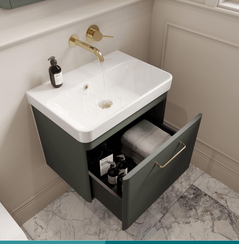 Saneux Wall Mounted Vanity Unit Saneux Hyde 550mm Wall Mounted One Drawer Vanity Unit in Matte Sage with 0 Tap Hole Basin