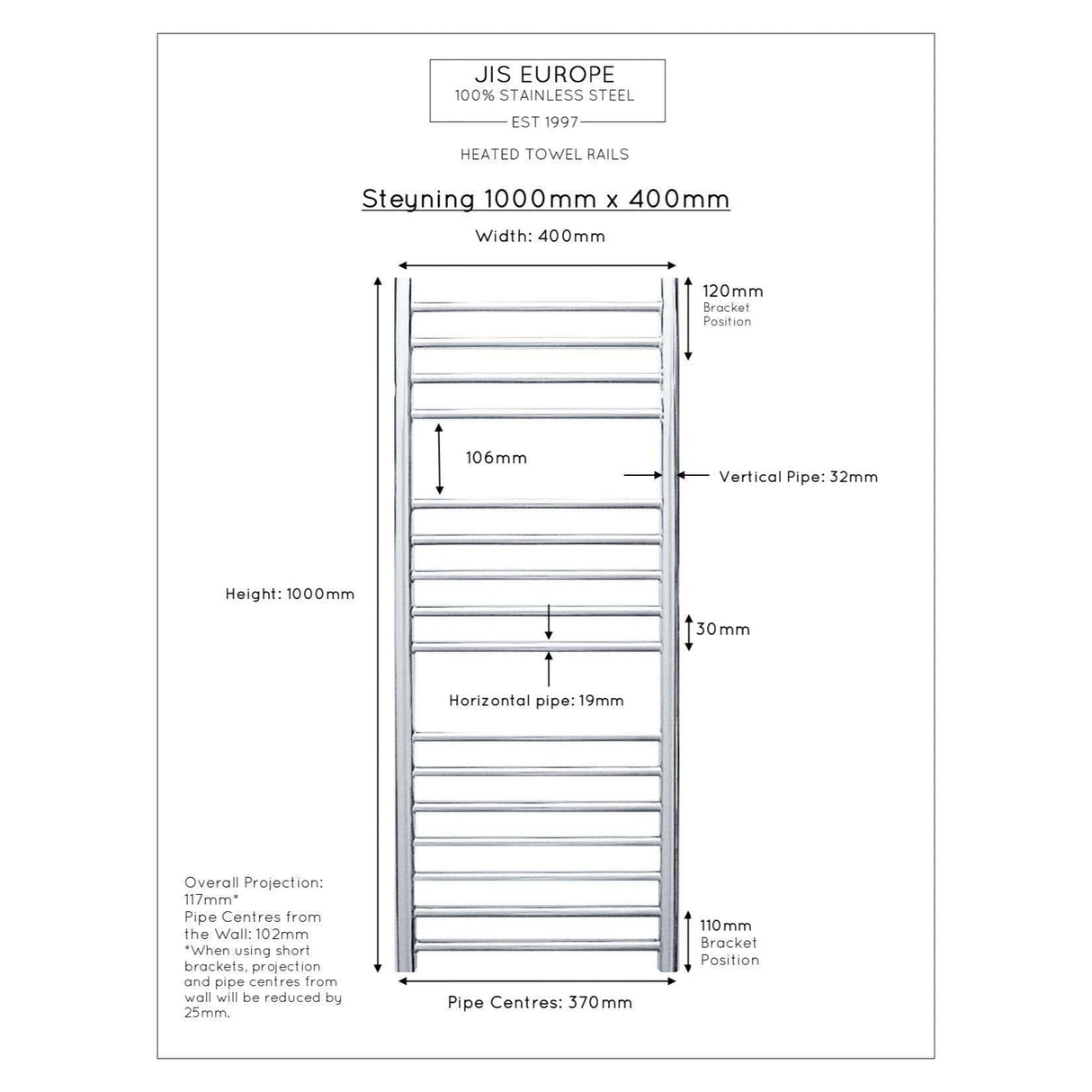 JIS Ladder Rail JIS Sussex Steyning Vertical Stainless Steel Heated Towel Rail