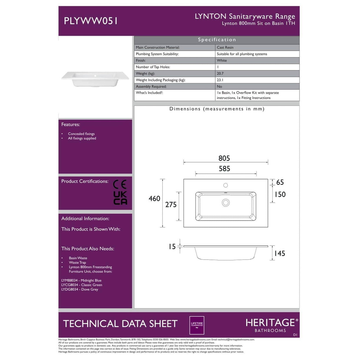 Heritage Floor Standing Vanity Unit Heritage Lynton 800mm Floor Standing Unit with Basin