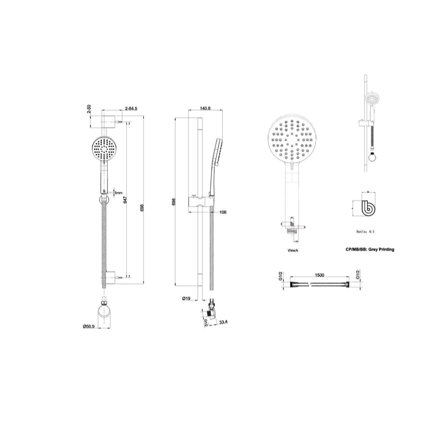 Britton Shower Riser Rail Britton Hoxton Shower Slider Rail with Handset, Hose and Outlet Elbow in Matt Black