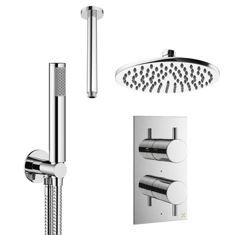 Crosswater Concealed Shower Set Chrome / Ceiling Arm / 200mm Crosswater Design 2 Handle 2 Outlet Thermostatic Shower Set with Rainfall Head and Pencil Handset