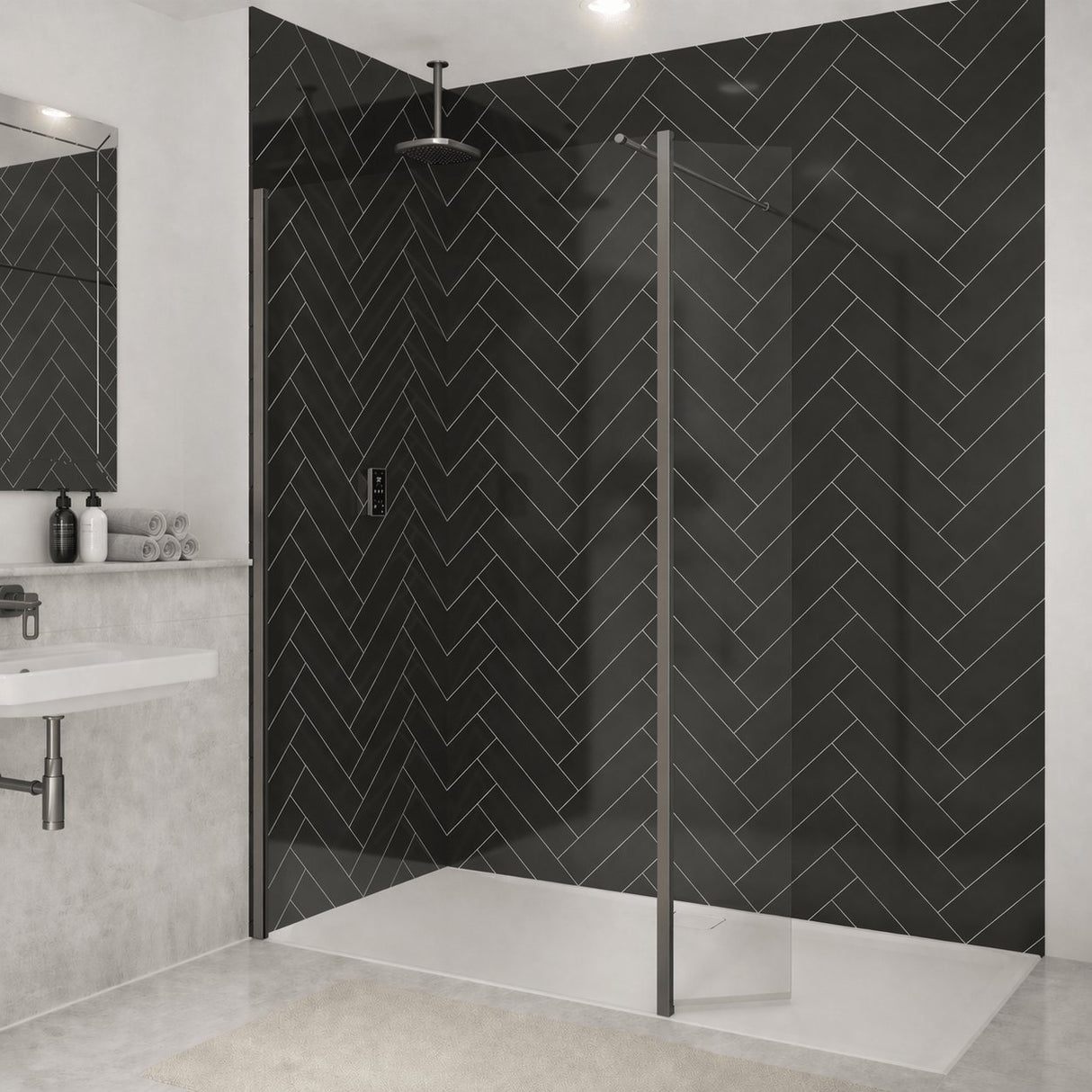 Merlyn Wetroom Panel Brushed Gun Metal / 300mm Merlyn 8mm Wet Room Swivel Panel