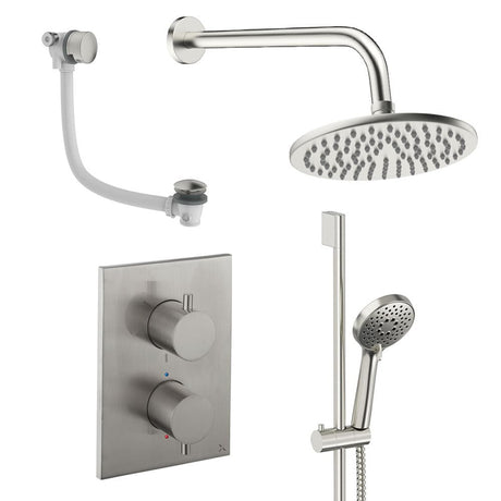 UK Bathroom Store Concealed Shower Set Brushed Nickel / Wall Arm / 200mm Crosswater Crossbox Shower Set 10 - 3 Outlet with Fixed Overhead Shower, Slide Rail Kit and Overflow Bath Filler Waste