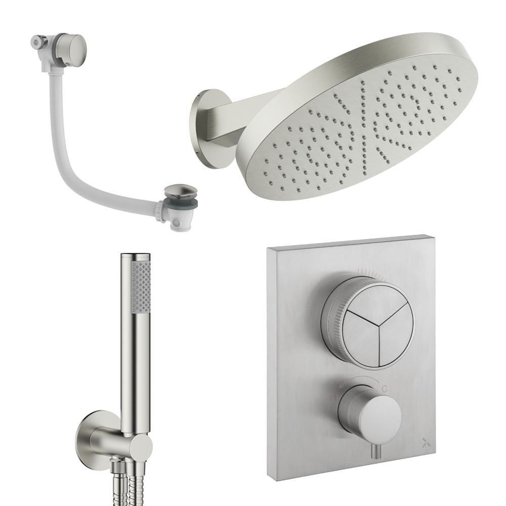 UK Bathroom Store Concealed Shower Set Brushed Nickel Crosswater Crossbox Push Shower Set 9 - 3 Outlet with Revive Steel Overhead Shower, Pencil Handset and Oveflow Bath Filler Waste
