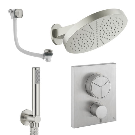 UK Bathroom Store Concealed Shower Set Brushed Nickel Crosswater Crossbox Push Shower Set 9 - 3 Outlet with Revive Steel Overhead Shower, Pencil Handset and Oveflow Bath Filler Waste