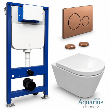 Aquarius Bathrooms Wall Hung Toilet Brushed Bronze / Round Aquarius Urbano Rimless Wall Hung Toilet Pack with Frame, Flush Plate, Soft Closing Seat and Hinge Covers