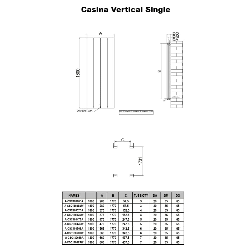 Reina Panel Radiator Reina Casina Vertical Aluminium Single Panel Radiator