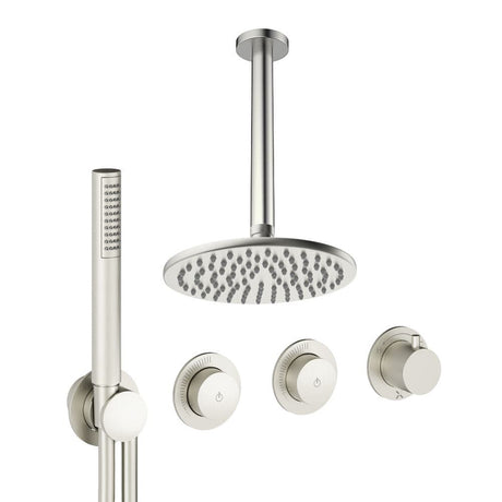 UK Bathroom Store Concealed Shower Set Brushed Nickel / Ceiling Arm / 200mm Crosswater Module Shower Set 8 - 2 Outlet with Pencil Handset and Overhead Shower