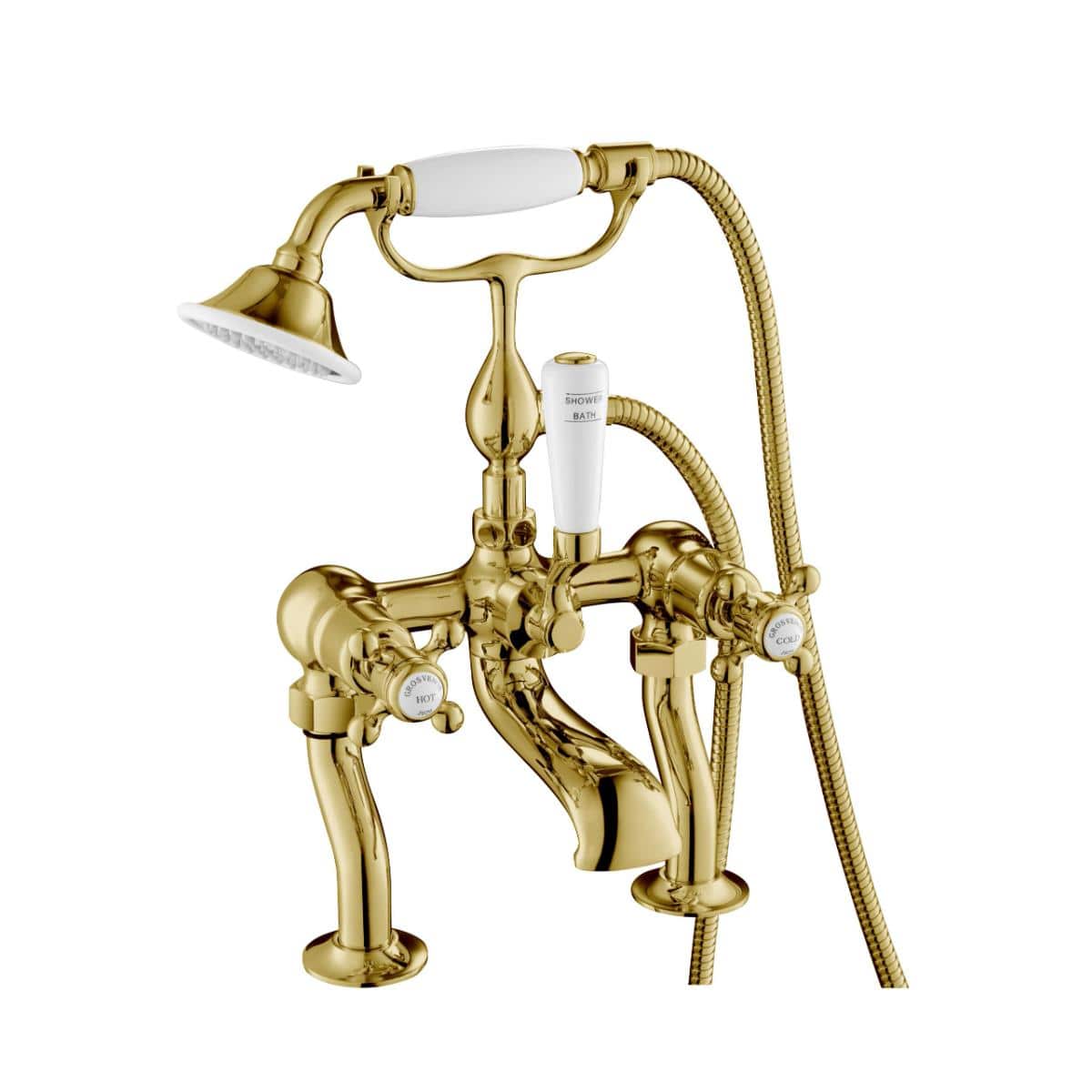 JTP Bath Shower Mixer Polished Gold JTP Grosvenor Cross Deck Mounted Bath Shower Mixer with Kit