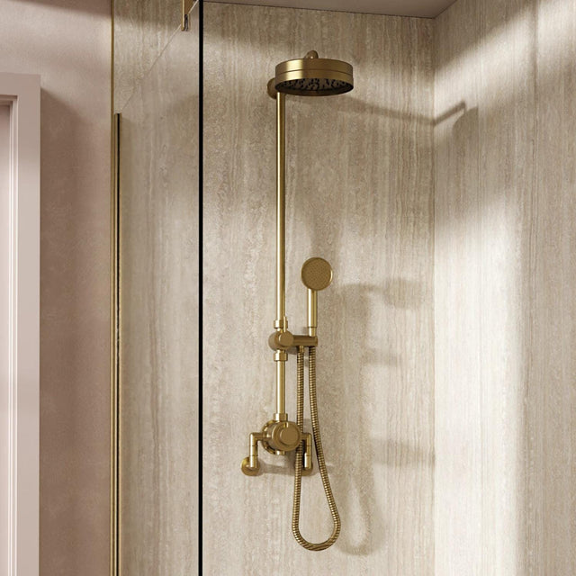 Crosswater Exposed Shower Set Unlacquered Brushed Brass Crosswater MPRO Industrial Exposed Shower Valve Set with Adjustable Riser, Fixed Head and Handset