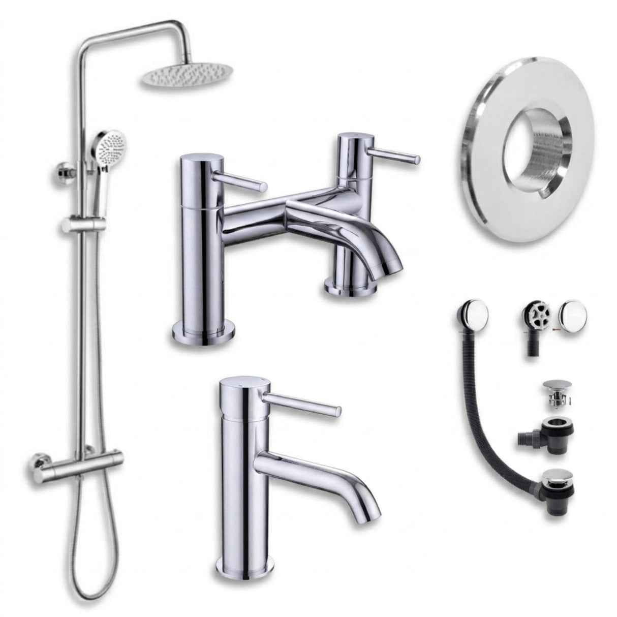 Aquarius Bathrooms Exposed Shower Set Chrome Aquarius RF-Series Complete Shower Brassware Pack with Basin Mixer, Bath Mixer & Exposed Shower
