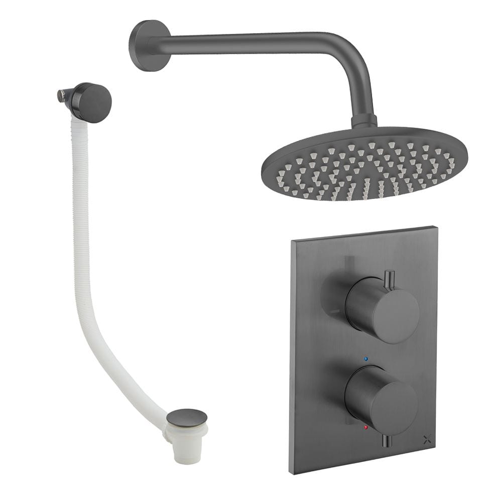 UK Bathroom Store Concealed Shower Set Slate / Wall Arm / 200mm Crosswater Crossbox Shower Set 7 - 2 Outlet with Fixed Overhead Shower and Overflow Bath Filler Waste