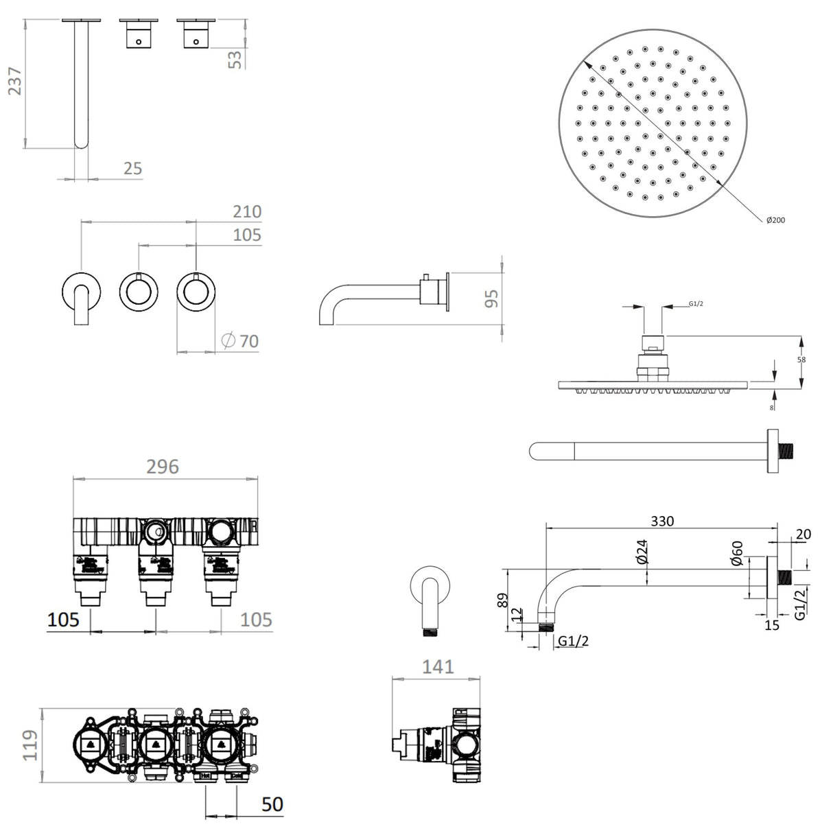 UK Bathroom Store Concealed Shower Set Crosswater Module Shower Set 3 with Fixed Overhead Shower and Bath Spout