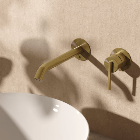 Crosswater Wall Mounted Basin Tap Stainless Brushed Brass Effect Crosswater 3ONE6 Lever 2 Hole Wall Mounted Basin Mixer Tap