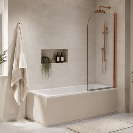 Aquarius Bathrooms Bath Screen Brushed Bronze Aquarius LevAqua Curved 6mm Hinged Bath Screen 1400 x 800mm